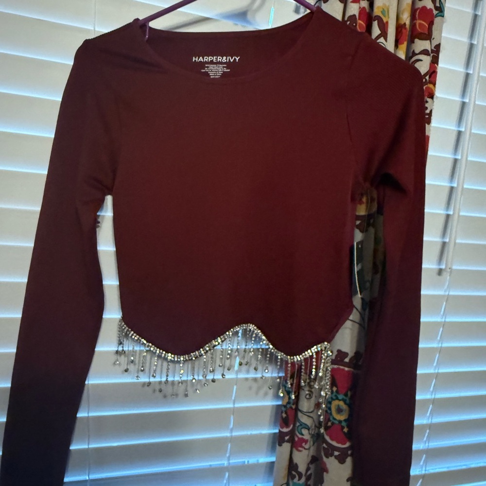 Harper Deep Red Long Sleeve Top with Beaded Fringe